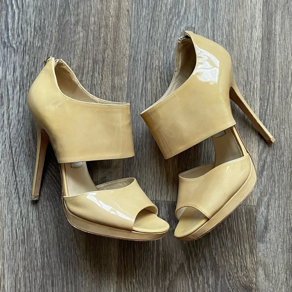 Jimmy Choo Nude Patent Platform Peep Toe Heels Ankle Cuff Stiletto Pumps 37.5